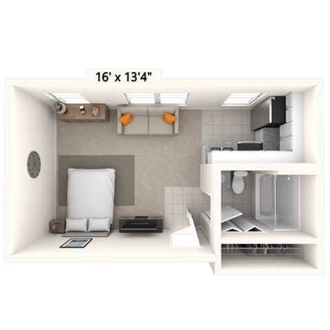 Floor plan for studio, 1 bath, 344 sqft